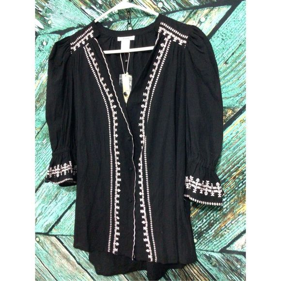NWT ESLEY Bohemian Boho Top Black With White Embroidery Size Small - Picture 1 of 10